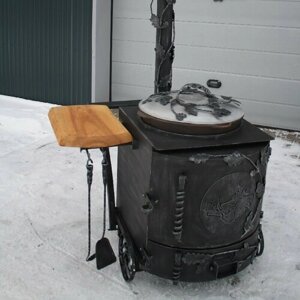 Тематическая печь для казана, кованная с столиком и на колесах, Охота, кабан- огнеупорная краска