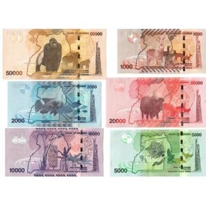 Уганда Набор из 6 банкнот 2018-2021 гг. (50000+20000+10000+5000+2000+1000 шиллингов) Животные UNC