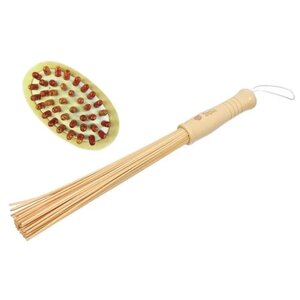 Веник массажный бамбуковый и массажер деревянный для тела "Банные шутчки"набор для бани