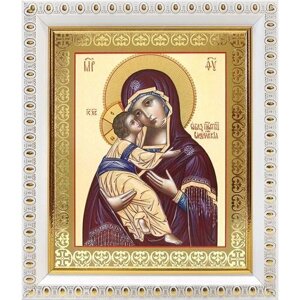 Владимирская икона Божией Матери (лик № 011), в белой пластиковой рамке 12,5*14,5 см