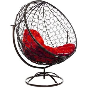 Вращающееся кресло из ротанга "Круг" коричневое с красной подушкой M-Group