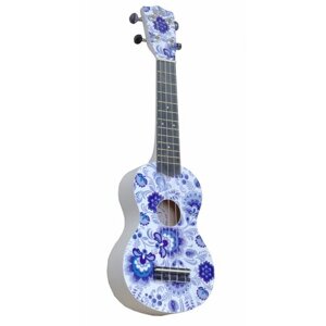 WIKI UK/RUS/GZHEL- гитара укулеле, сопрано, липа, рисунок "Гжель", чехол в комплекте.