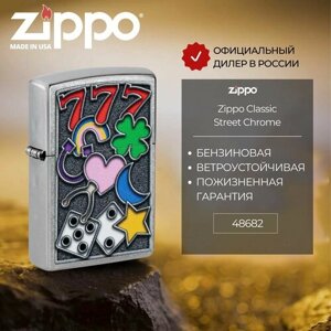 Зажигалка бензиновая ZIPPO 48682 All Luck Design, серебристая, подарочная коробка