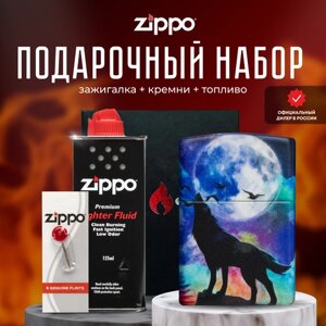Зажигалка ZIPPO Подарочный набор ( Зажигалка бензиновая Zippo 49683 Wolf + Кремни + Топливо 125 мл )