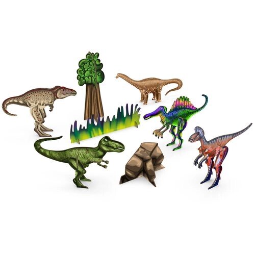 3Д конструктор большие динозавры из дерева (5 шт и трава) набор развивающий для детей, для мальчиков и девочек