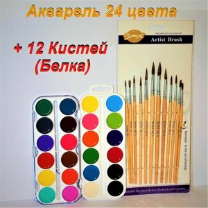 Акварель 24 цвета и набор кистей художественных 12 штук