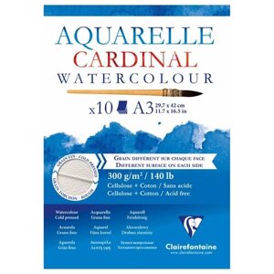 Альбом для акварели 10л, А3, на склейке Clairefontaine "Cardinal", 300г/м2, торшон, холод. пресс, 30% хлопок