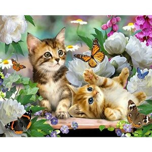 Алмазная картина 40х50 "Игривые котята" с подрамником полная выкладка в коробке