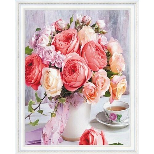 Алмазная мозаика 40х50 Букет роз в вазе на холсте с подрамником (картина круглыми стразами) от компании М.Видео - фото 1