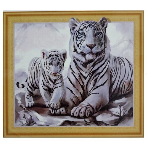 Алмазная мозаика 40x50 "Белые тигры" 7D на подрамнике, Картина стразами от компании М.Видео - фото 1
