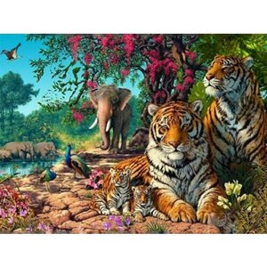 Алмазная мозаика 40x50 см. на холсте с подрамником (картина стразами, алмазная вышивка) Семья тигров