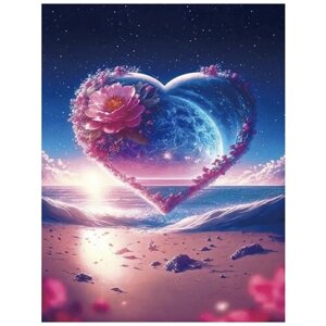 Алмазная мозаика 40x50 см. на холсте с подрамником (картина стразами, алмазная вышивка) Сердце в цветах на фоне моря