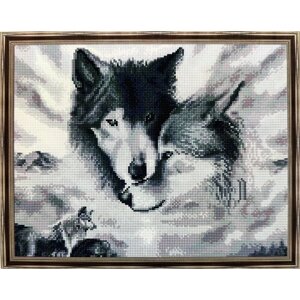 Алмазная мозаика 40x50см круглые стразы животные, чёрно-белая, волки, пара, альфа и омега. Собаки