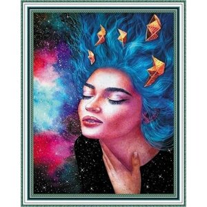 Алмазная мозаика "Девушка с синими волосами" круглые стразы на подрамнике 40*50 см, Paintboy SGA2895