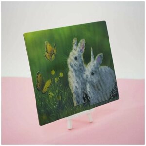 Алмазная мозаика "Кролики", частичная выкладка, пластиковая подставка, 21*25 см