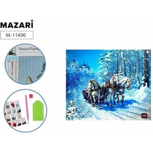 Алмазная мозаика Лошади Тройка Mazari 20 х 25 см холст полная выкладка, алмазная вышивка цветы кони конь зима снег лес, алмазная живопись картина