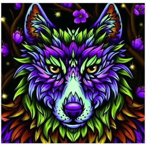Алмазная мозаика на холсте с подрамником (картина круглыми стразами) 50х50 Разноцветный волк