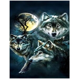 Алмазная мозаика на холсте с подрамником (картина стразами) 40х50 Три волка на фоне луны