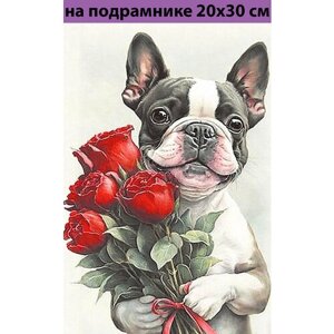 Алмазная мозаика на подрамнике 20х30 Собака с розами, алмазная живопись 30х20, 30*20, Наборы с круглыми стразами полная выкладка