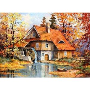 Алмазная мозаика на подрамнике 30х40 картина стразами Дом с водяной мельницей
