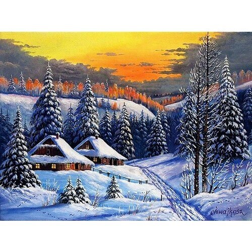 Алмазная мозаика на подрамнике 40*50 "Два лесных домика" Зима, природа, пейзаж Полная выкладка, круглые стразы от компании М.Видео - фото 1