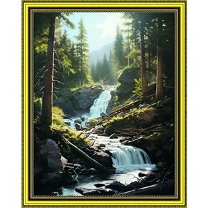 Алмазная мозаика на подрамнике 40*50 "Горный лесной водопад"