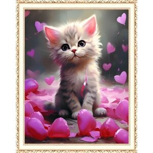 Алмазная мозаика на подрамнике 40*50 "Котенок в сердечках"