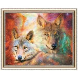 Алмазная мозаика на подрамнике 40х50 Два волка на фоне звездного неба / Картина стразами