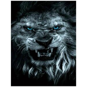 Алмазная мозаика на подрамнике 40х50 Свирепый лев с голубыми глазами / Картина стразами