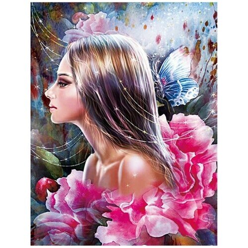 Алмазная мозаика на подрамнике (картина стразами) 30х40 Девушка с цветами и бабочкой в волосах от компании М.Видео - фото 1