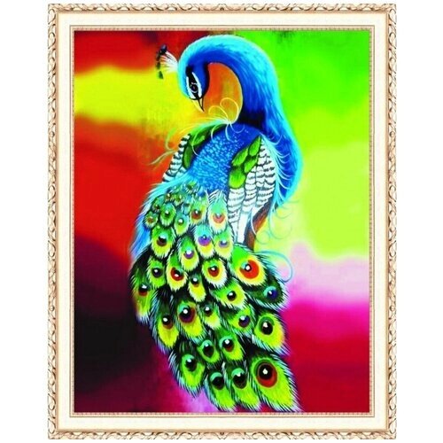 Алмазная мозаика на подрамнике (картина стразами) 40х50 Павлин на разноцветном фоне от компании М.Видео - фото 1