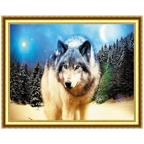 Алмазная мозаика на подрамнике (картина стразами) 40х50 Волк на фоне снежного леса от компании М.Видео - фото 1
