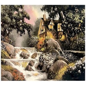 Алмазная мозаика на подрамнике / Картина стразами "Дом у водопада" 30х40 см