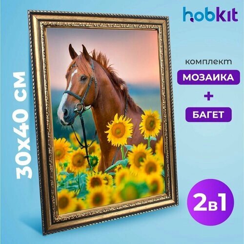 Алмазная мозаика полная выкладка HOBKIT "Лошадь в подсолнухах 30х40+Багет золотой " , 40х30 размер холста, от компании М.Видео - фото 1