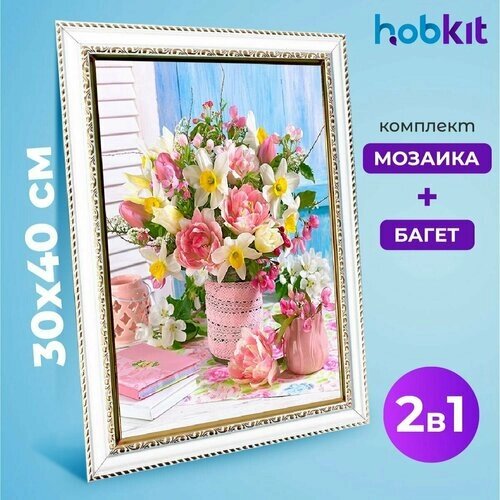 Алмазная мозаика полная выкладка HOBKIT "Нежный букет-2 30х40+Багет белый " 40х30 размер холста, от компании М.Видео - фото 1