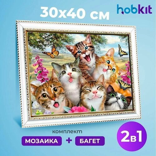 Алмазная мозаика полная выкладка HOBKIT "Веселые котята 30х40+Багет белый " 40х30 размер холста, от компании М.Видео - фото 1
