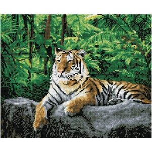 Алмазная мозаика ТРИ совы "Тигр в джунглях", 40*50см, холст, картонная коробка с пластиковой ручкой