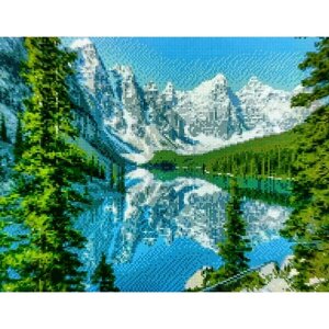 Алмазная мозаика Зимний горный пейзаж, озеро 40x50см квадратные стразы утро рассвет, закат, горы, весна. полевые цветы. природа, лес.