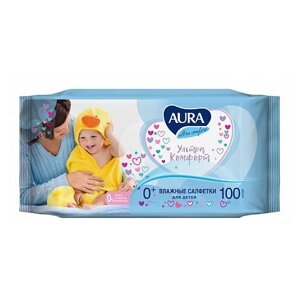 AURA ULTRA COMFORT Влажные салфетки для детей с экстрактом алоэ и витамином Е с крышкой 120шт