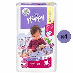 Bella Baby Happy Подгузники Junior 5, 12-25 кг, 58 шт, 4 упаковки