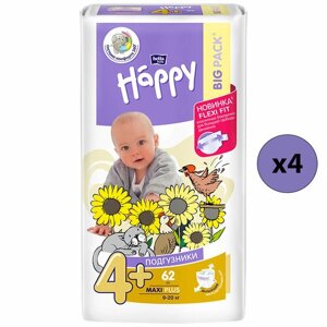 Bella Baby Happy Подгузники Maxi Plus 4+9-20 кг, 62 шт, 4 упаковки