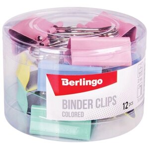 Berlingo Набор зажимов для бумаг 32мм, 12 штук Berlingo, цветные, в пластиковом тубусе