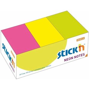 Блок бумаги с клеевым краем для заметок STICK N HOPAX, 38*51 мм, 12 блоков по 100 л, 3 неоновых цвета