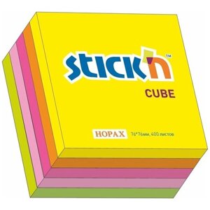 Блок-кубик клейкий STICK'N HOPAX, 76*76 мм, 5 неоновых цветов, 400 л