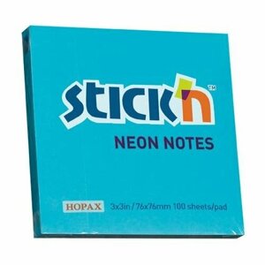 Блок самоклеящийся бумажный STICK`N 21209, 76x76, 100 л, неон, голубой