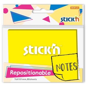 Блок самоклеящийся бумажный STICK`N 27074, 76x101, 80 л, 1 цв, желтый неон