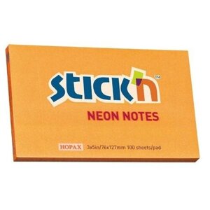 Блок самоклеящийся "Stick`n", цвет: неон оранжевый, 76x127 мм, 100 листов, арт. 21168