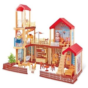 Большой домик для кукол с аксессуарами, куклы и животные в комплекте, гнутся суставы, с лифтом, 668-23