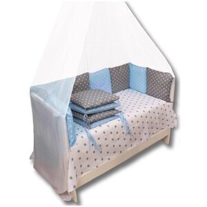 Бортики в кроватку Body Pillow, съемные чехлы 12 шт, расцветка "Звезды комби серо-голубые"