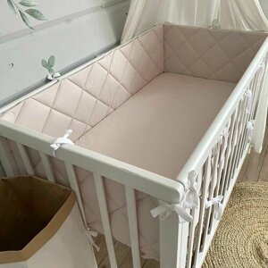 Бортики в кроватку для новорождённых стеганые MamiBro, 100% хлопок, 60х30 см - 2 шт, 120х30 см - 2 шт, бледно розовый